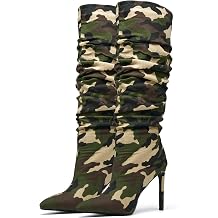 Womens Camo Knee High Boots Slouch High Heels Boots Pointed Stiletto Casual Pull-On Tall Boot Party Dress Shoes
