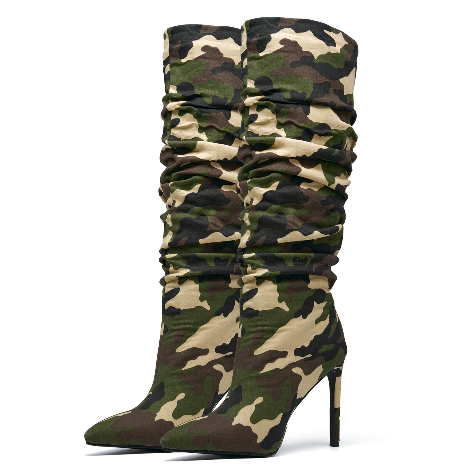 driceic Women's Camo Knee High Boots Slouch High Heels Boots Pointed Stiletto Casual Pull-On Tall Boot Party Dress Shoes
