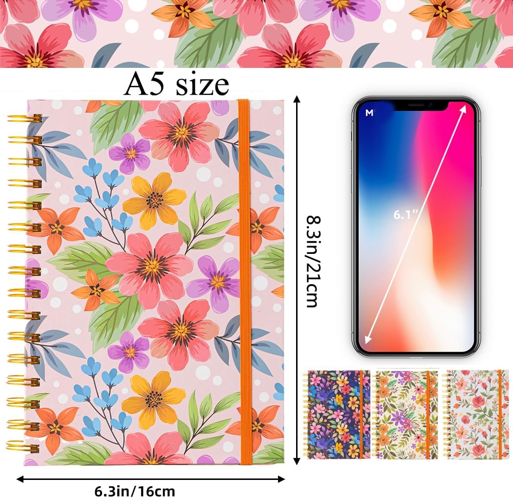 Spiral Journals for Women Thick Superhard Cover Notebook Cute Hardcover Spiral Notebook A5 Spiral Bound Journals, 4 Pack Floral Notebooks, 8.3" x 6.3", College Ruled, 160 Pages, 100GSM,Back to School Supplies - Image 5