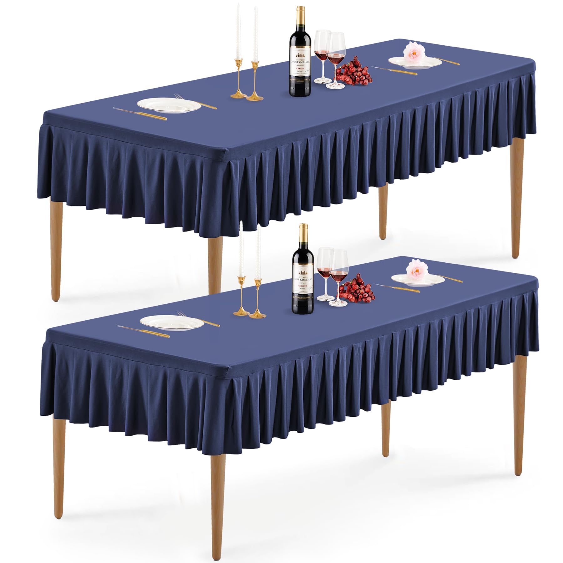 Photo 1 of Wish Care 2 Pack Navy Blue Spandex Tablecloths for 6FT Rectangle Tables, One-Piece Wrinkle Free Fitted Stretch Table Cloths 6ft Pleated Ruffle Elastic Table Cover Skirt for Banquet Dining Home Party