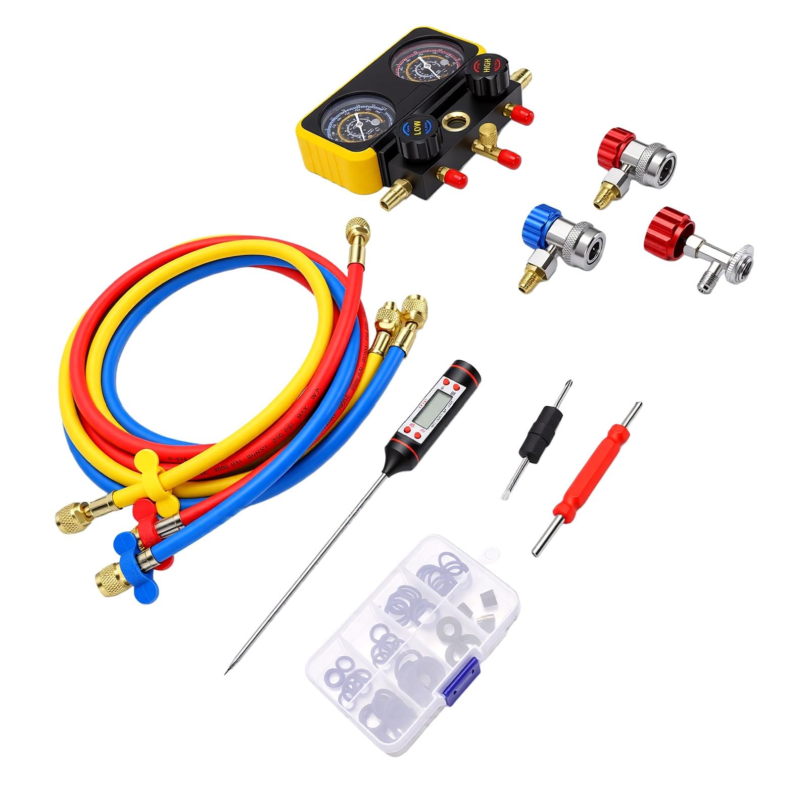 Tbest Juego de Manómetros de Colector HVAC R134A Kit de Manguera y Manómetro de Diagnóstico de Aire Acondicionado con Accesorios de Conexión Rápida para Carga de Refrigerante, Vacío y