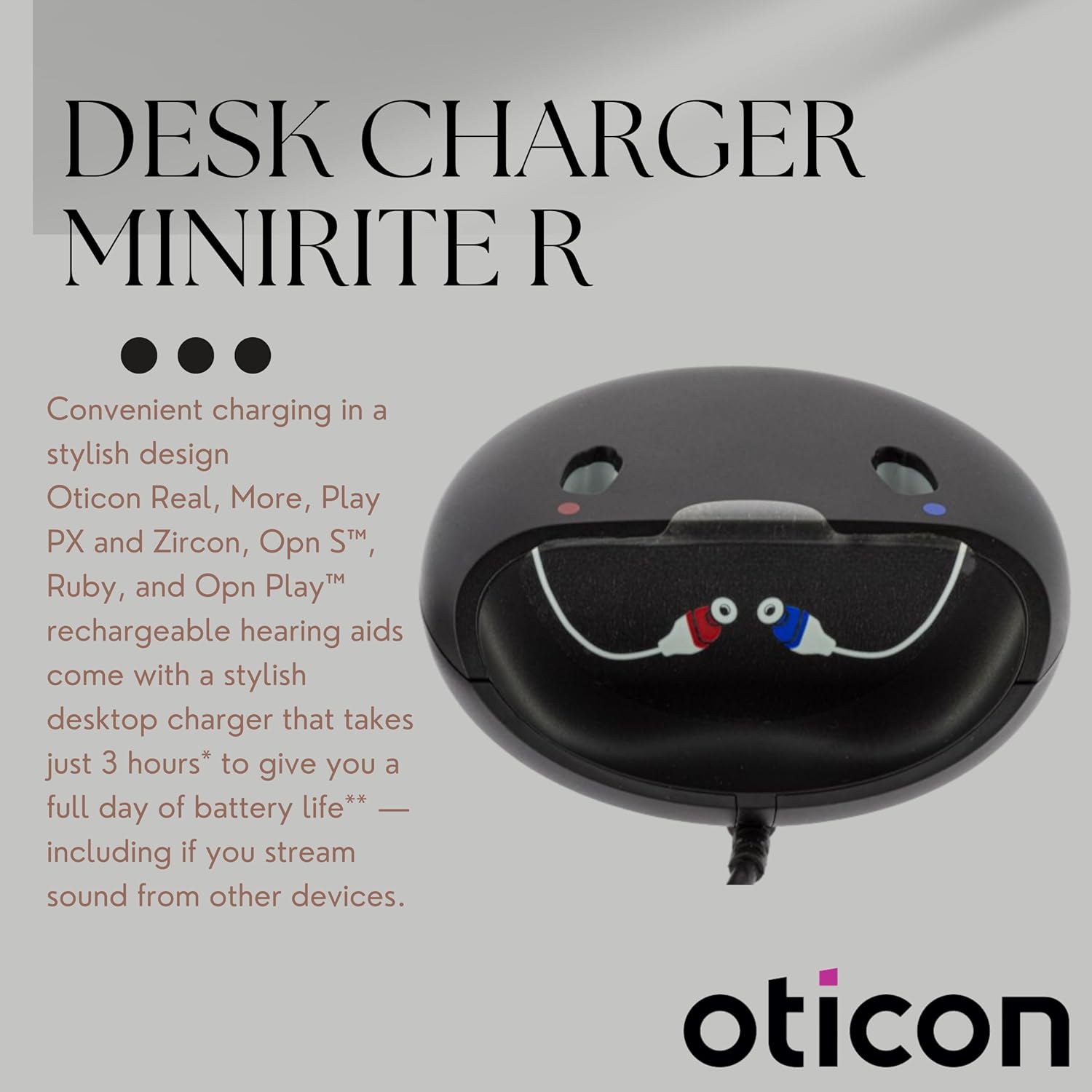 Otto Tech Oticon Charger 1.0 - Desktop Charger Replacement, Compatible with miniRITE R Oticon, Sonic, Bernafon Rechargeable Hearing Aids, Deskcharger