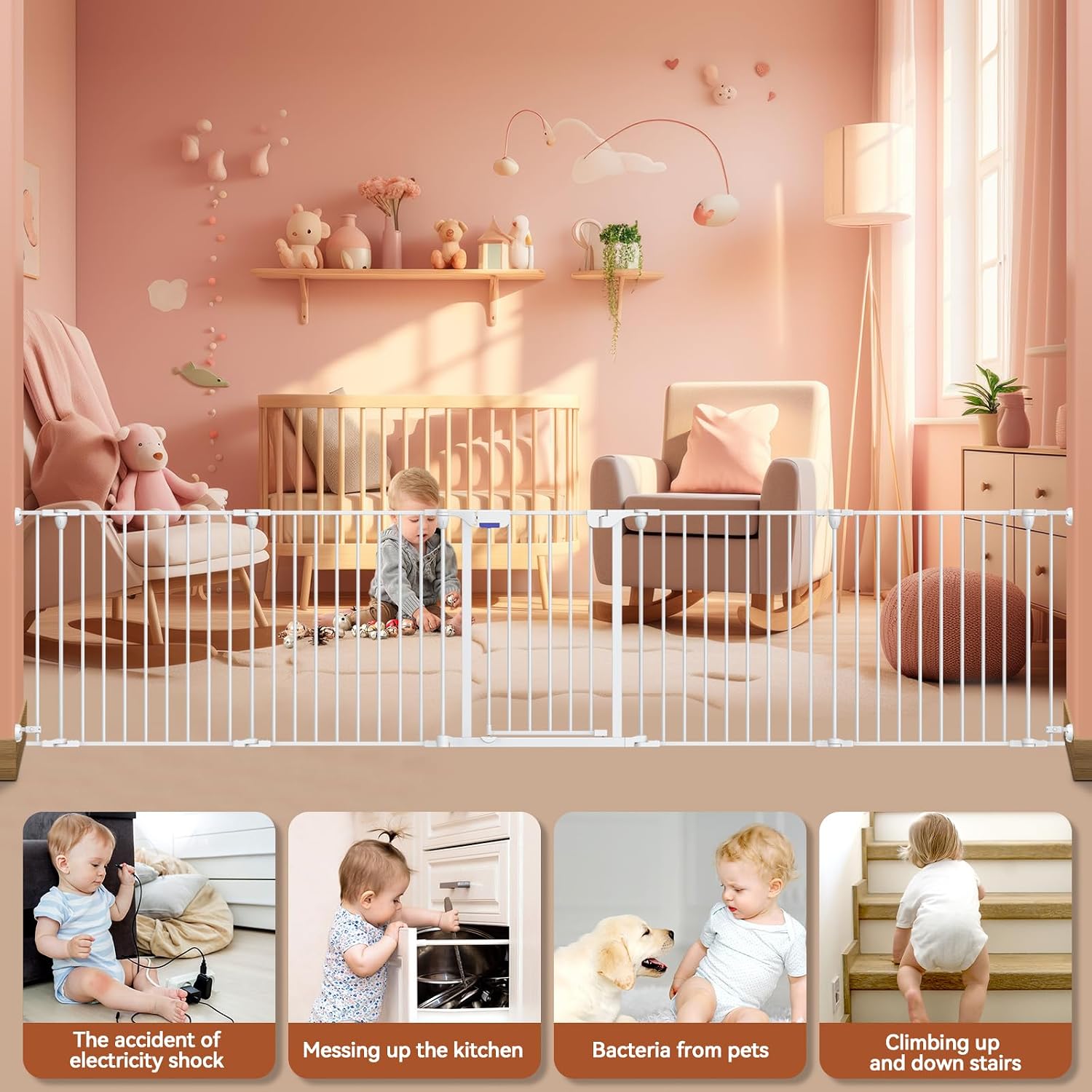 Kfvigoho Baby Gate 27.5"-129" Extra-Wide Playpen, Play Yard Child Safety Fence, Dog Gate with Auto-Close Door, Double Locking System for Fireplace, Foldable 5 Steel Panels, White