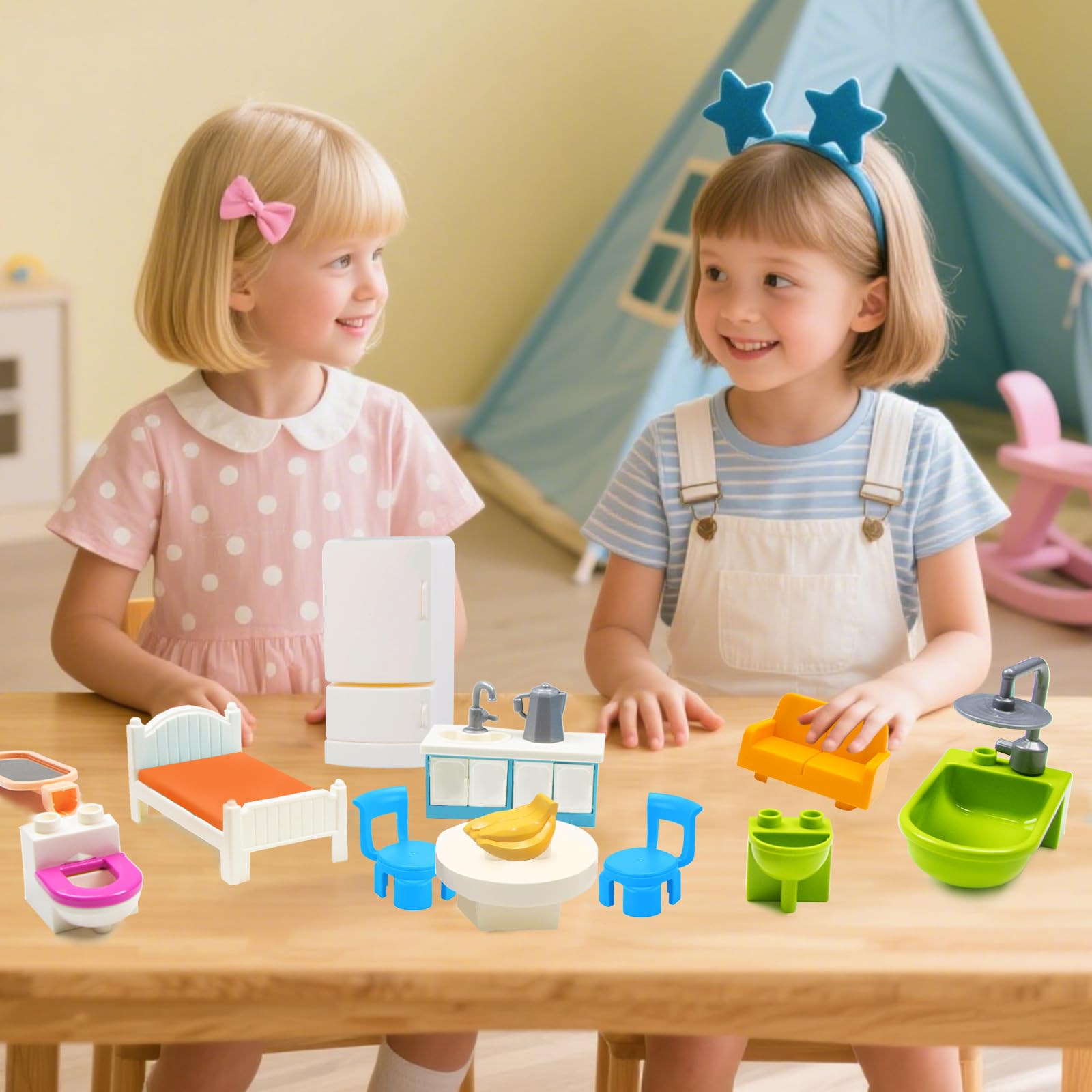 Großen Bausteinen Zubehör Set, Erweiterung mit Bett, Sofa- & Möbeln Kompatibel mit Allen Duplo Steinen Kreatives Bauen ab 3 Jahren