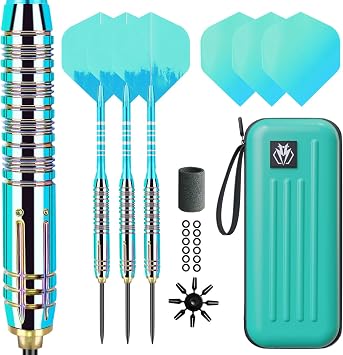 Professional 90% Tungsten Steel Tip Darts Set   Steel Tip Dart, Dart Set, 3 Pro Grip Shafts with Dart Sharpener, Rubber Rings, Flight Protector and Dart Case