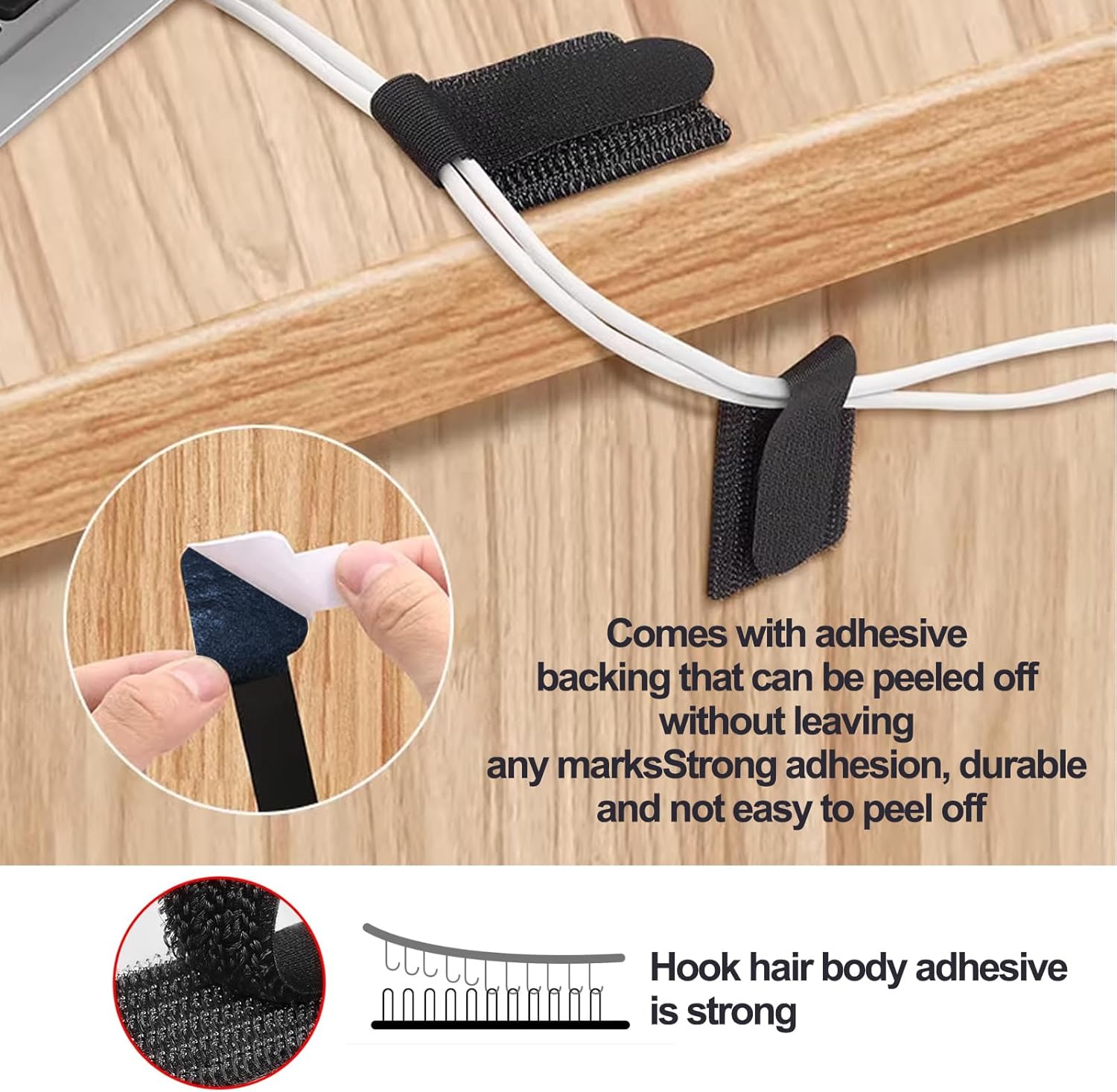 40 PCS Self-Adhesive Hook and Loop Cable Ties, Reusable Sticky Back Cord Organizer for Under Desk Cable Management, Home and Office Wire Organizers, Black