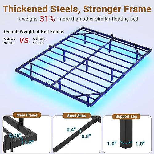 Miniatura 3 de Hasuit Base de cama flotante tamaño matrimonial con luces LED, plataforma de metal, no necesita somier, fácil de montar (matrimonial)