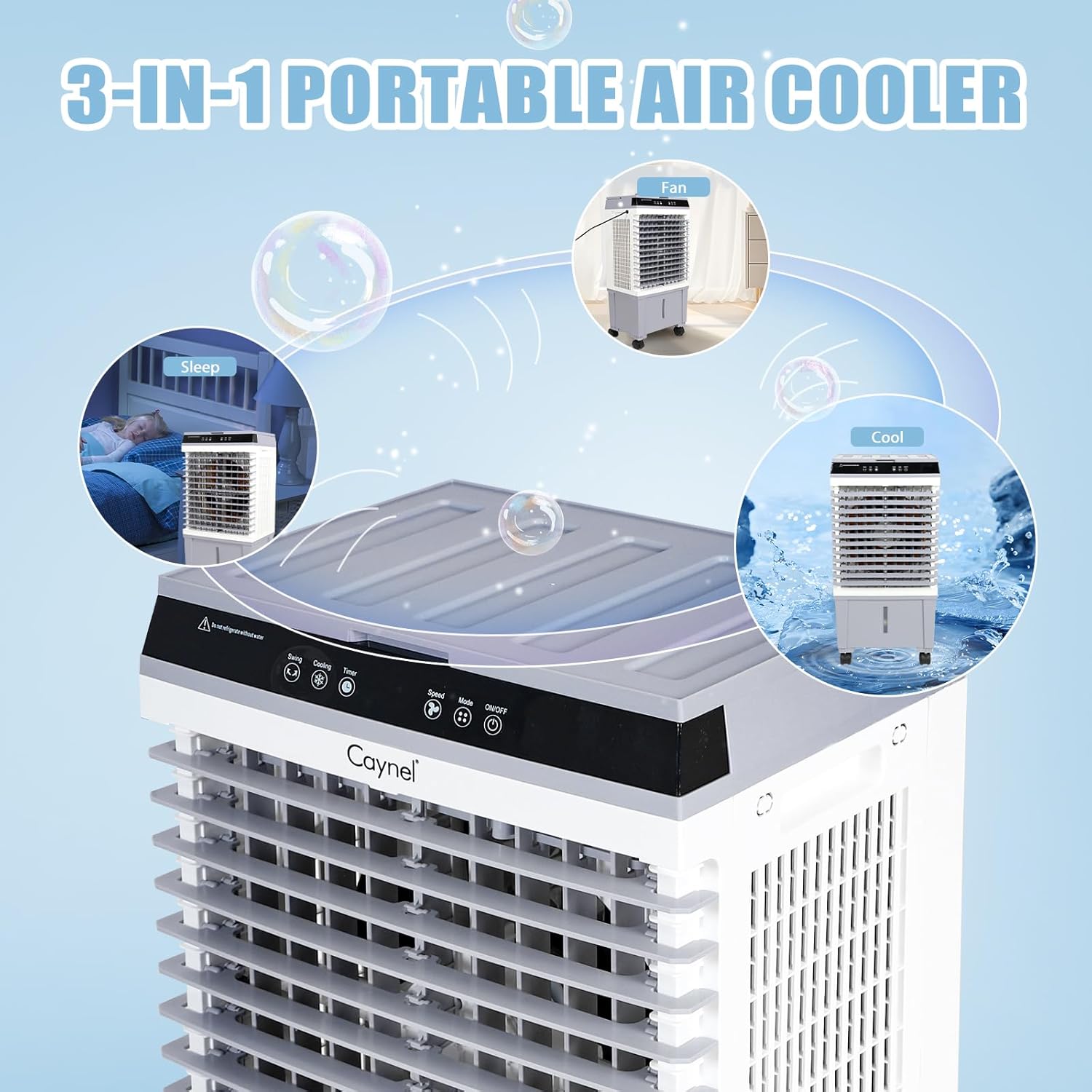 Diagram showing 3-in-1 portable air cooler modes