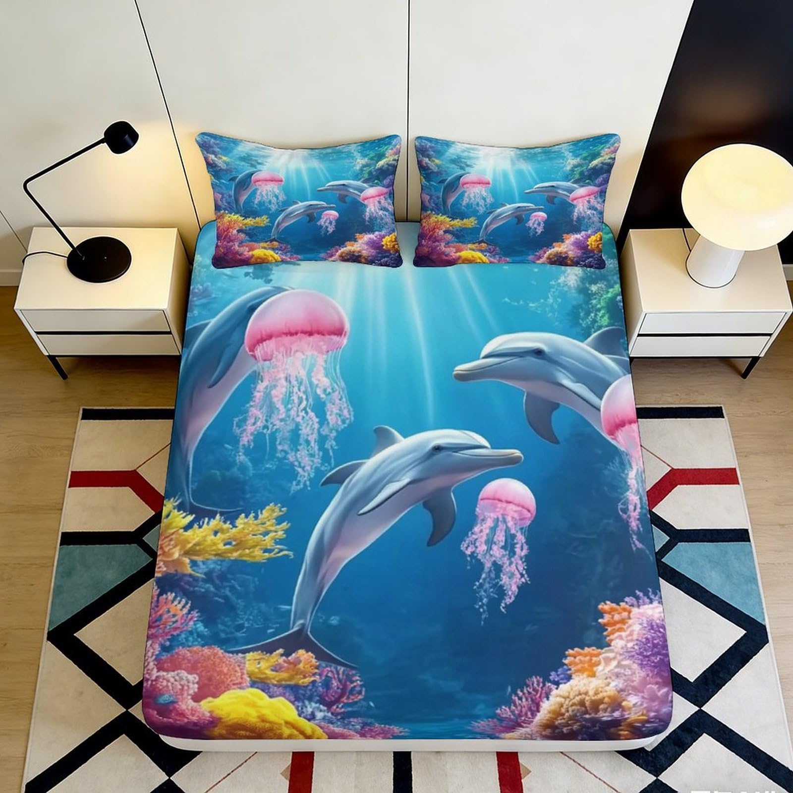 3D Printed Ocean Dolphin Fitted Sheet Microfiber Soft Blue Jellyfish Mattress Cover for Bedroom Dorm Easy Care Decor 90x200x25cm