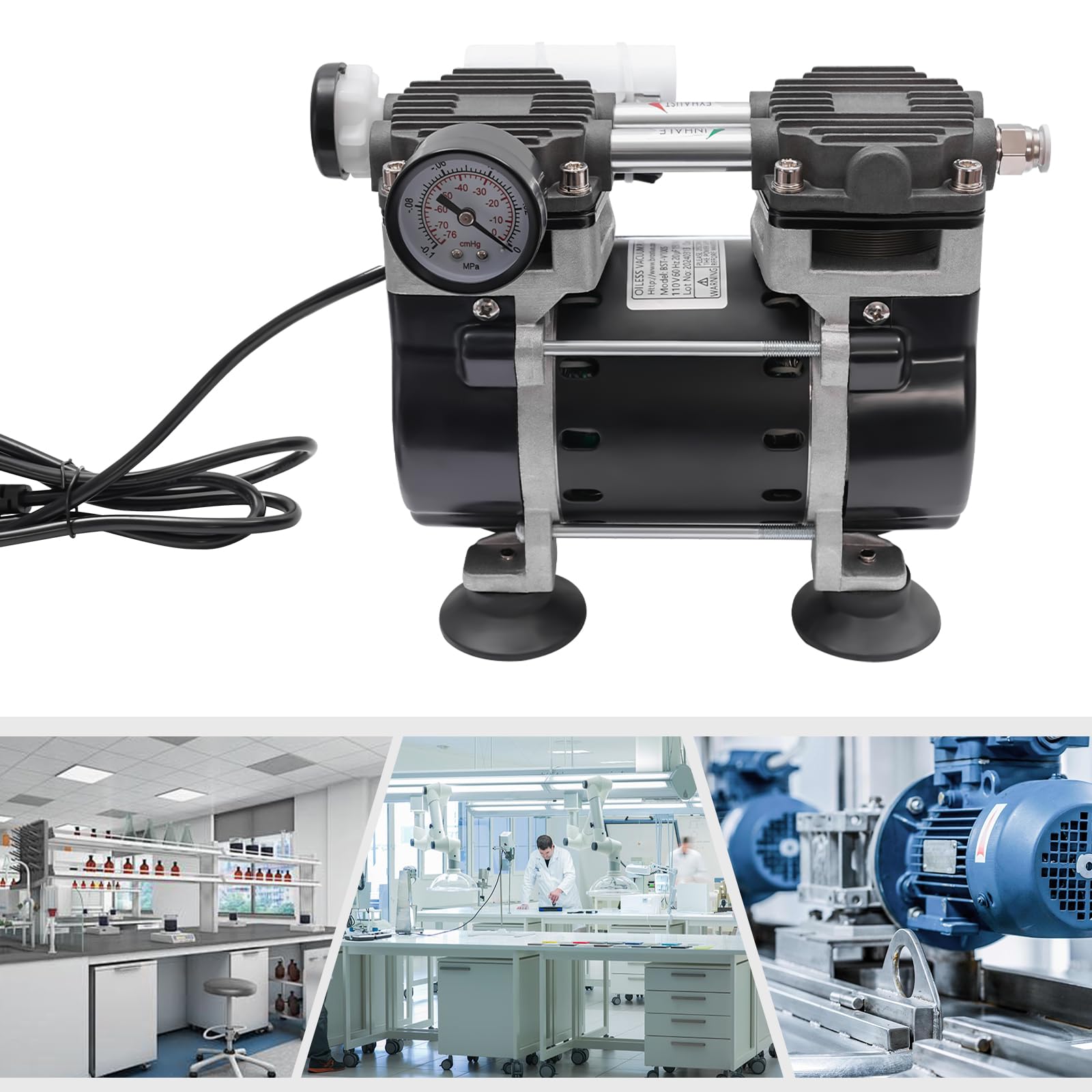BST-V100S - Bomba de vacío sin aceite de 150 W, bomba de vacío de doble pistón, presión negativa de 90 kPa, presión máxima de 2 bares, ruido ≤ 48 dB, conexión G1/4, para laboratorio