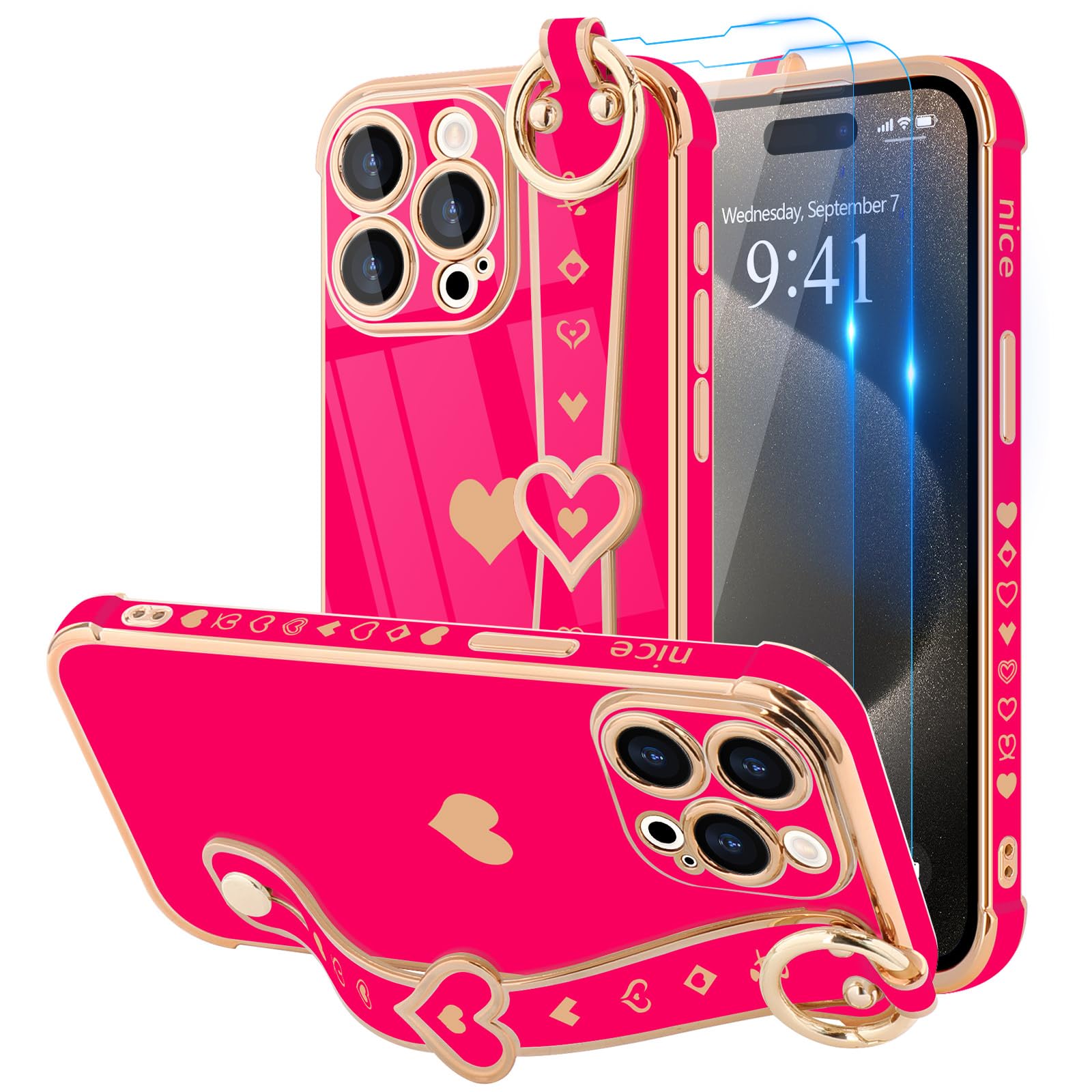LLZ.COQUE Compatible with iPhone 15 Pro Max Case with Strap for Women Girls [2× Screen Protectors], Cute Love-Hearts, Wristband Kickstand Luxury