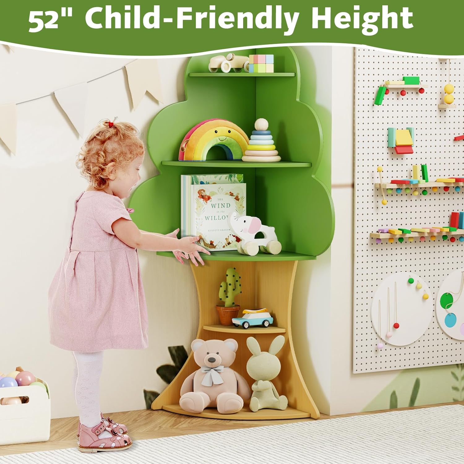 INFANS Tree Kids Bookshelf, Wood 5-Tier Corner Bookcase, Baby Montessori Shelf Rack Children's Bookcase, Toy and Book Toddler Storage Organizer for Preschool, Kids Room, Playroom Boy Girls Gift