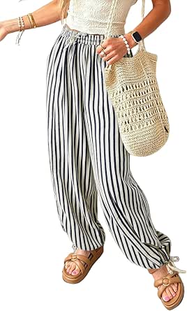 Acelitt Women Drawstring Elastic Waist Striped Pants with Pockets, S-XXL