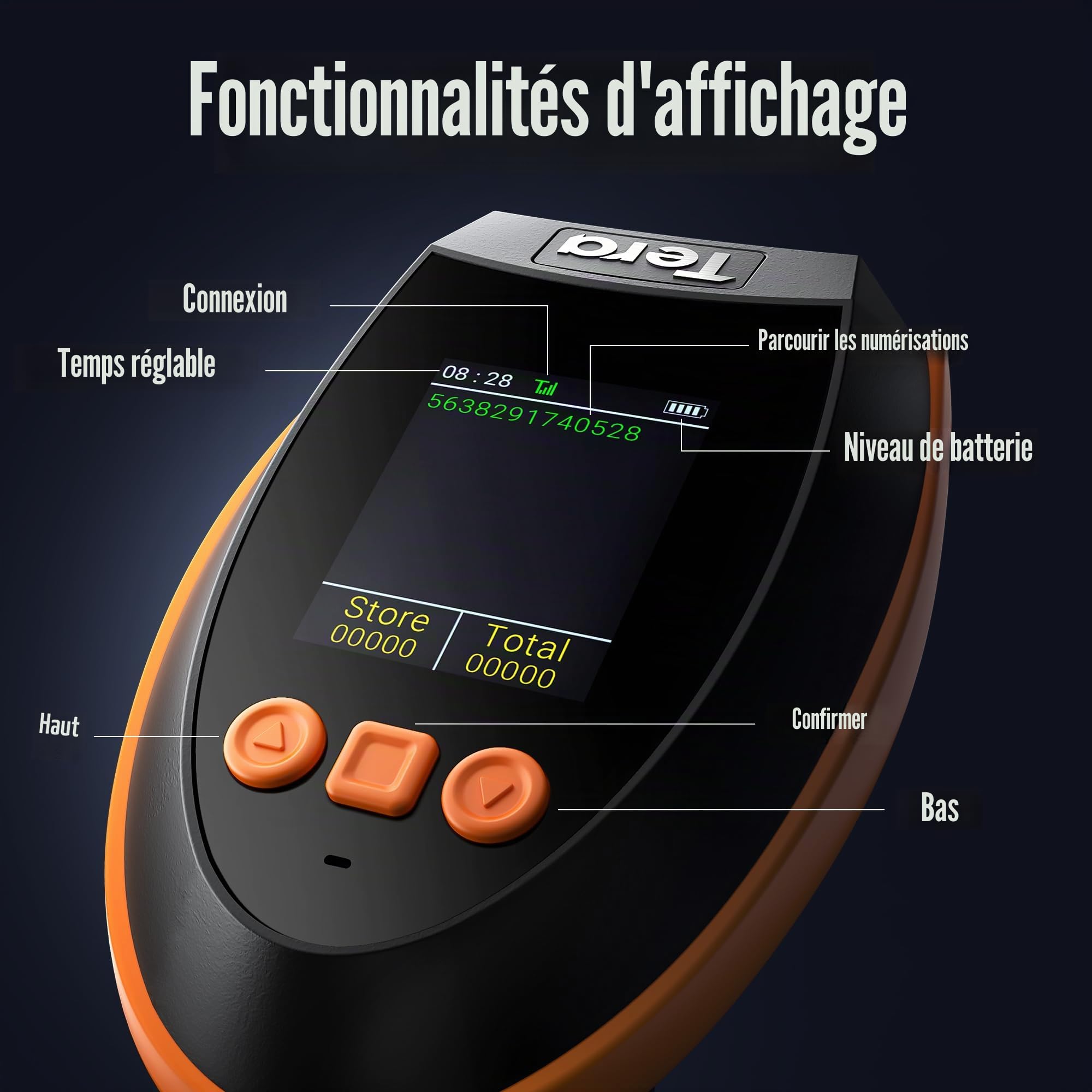 Tera Scanner de codes-barres avec écran de réglage numérique et clavier, version Pro, vitesse de numérisation extra rapide, fonctionne avec Bluetooth 2,4 G sans fil et USB filaire 1D 2D QR lecteur de