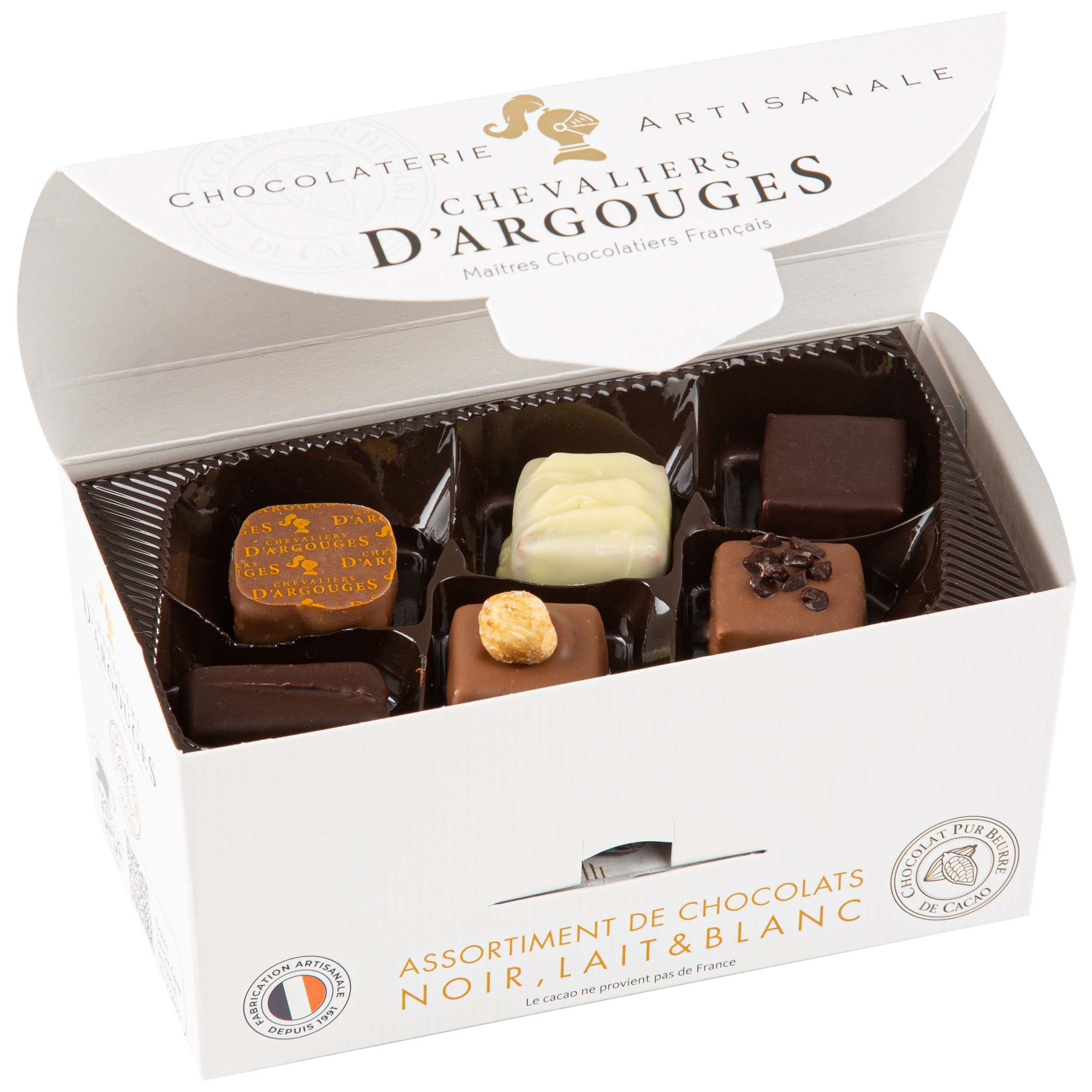 Chevaliers d'Argouges Assortiment de chocolats noir lait blanc Ballotin dégustation 175g