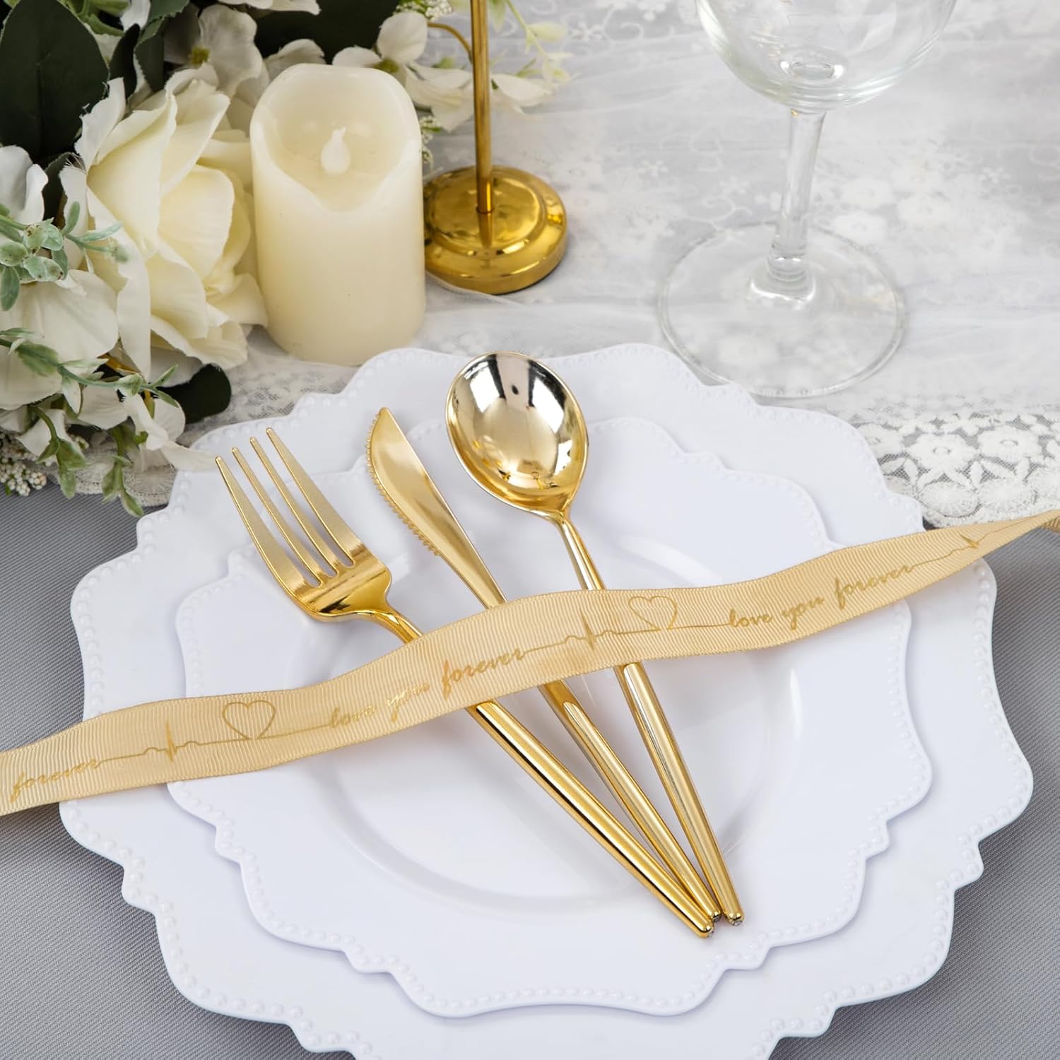 COLOSUS 60PCS White Plastic Plates for 30 guests-Fancy Plastic Beaded Plates,Disposable Christmas plastic plates,Include 30 PCS 10.5" Dinner Plates & 30PCS 8.25" Dessert-Platos for Christmas - Image 2