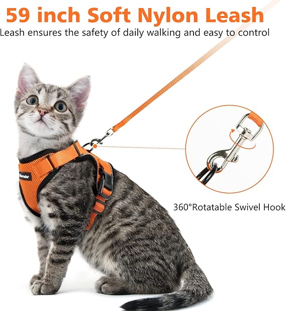 Dooradar Cat Harness and Leash Set, Escape Proof Safe Adjustable Kitten Vest Harnesses for Walking, Easy Control Soft Breathable Mesh Jacket with Reflective Strips for Cats