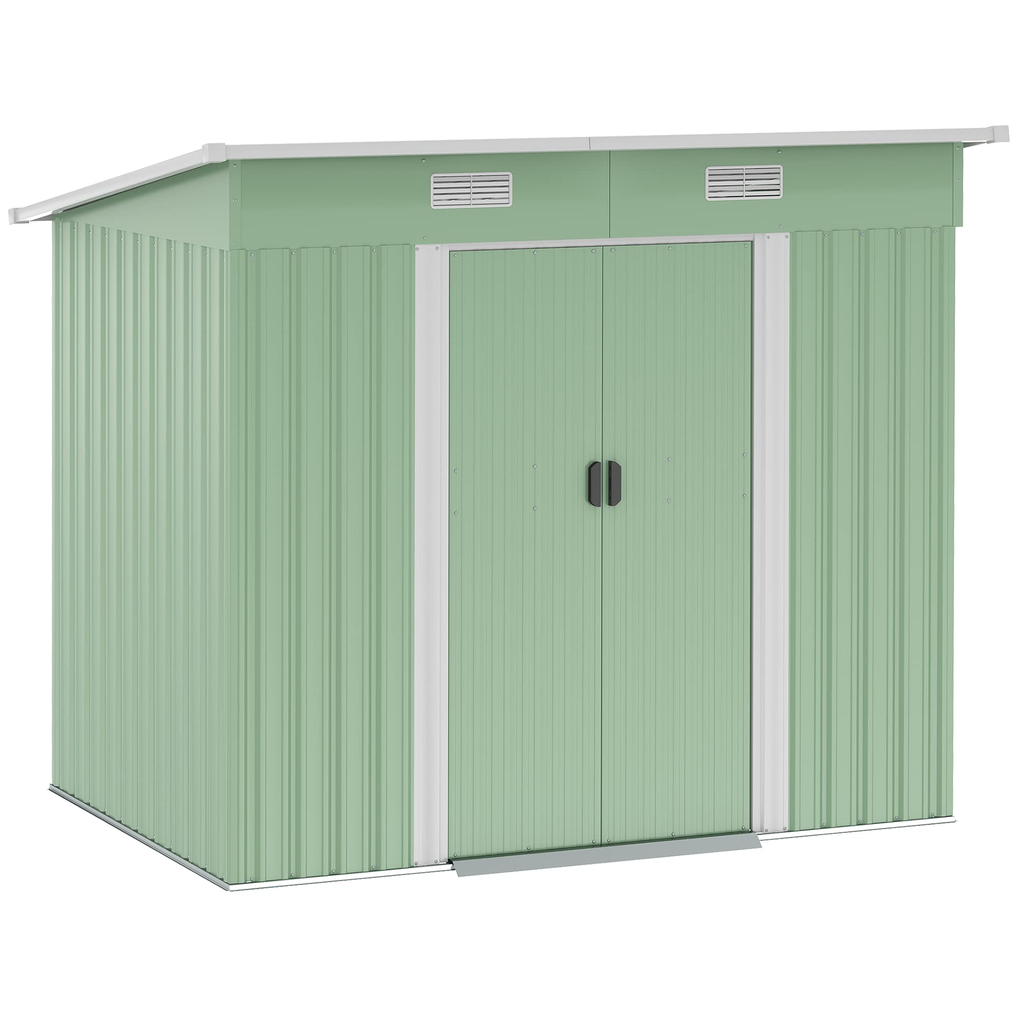 – Outsunny 7 x 4ft Outdoor Storage Shed, Lean to Metal Garden Shed with Foundation Kit for Log, Rubbish Bin, Tool, Lawnmower, Bike, Light Green
