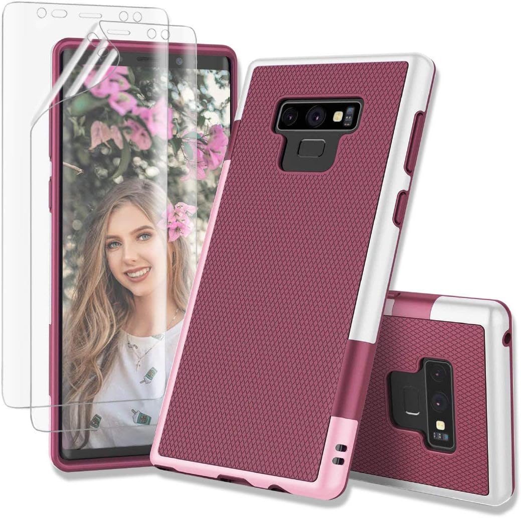 Case for Galaxy Note 9, Note 9 Case with 2 Pack HD Soft Screen Protector, Contrasting Colors Ultra Slim One-Piece Anti-Slip Rugged Soft TPU Bumper Shockproof Case Cover for Galaxy Note 9 - Wine