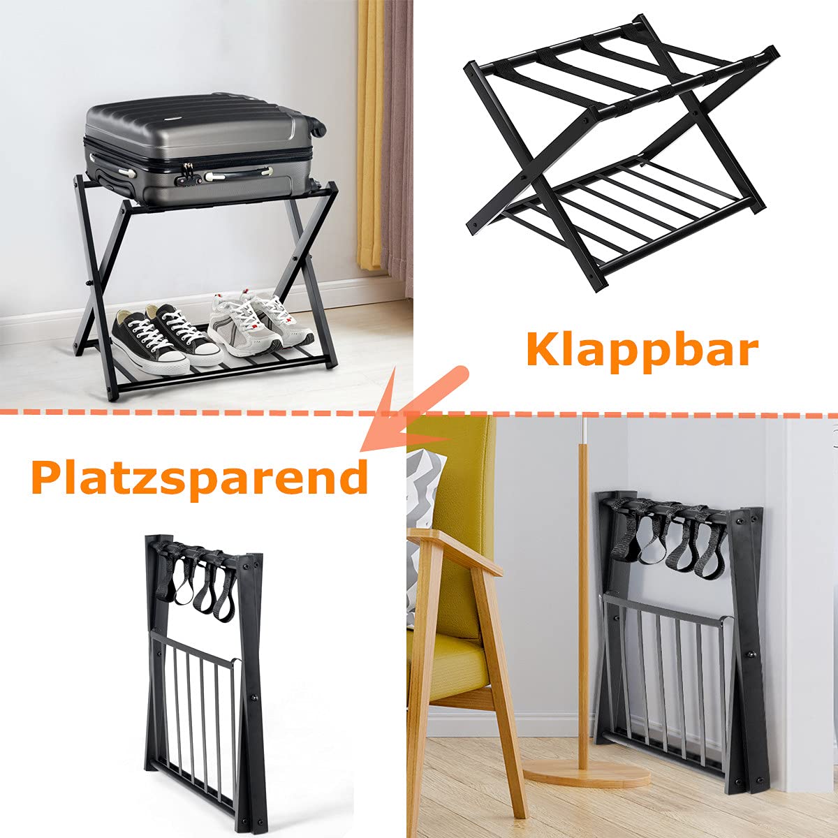 RELAX4LIFE Kofferständer Metall, Kofferablage mit 2 Ebenen, Gepäckablage klappbar, Kofferbock mit 4 Gurten, Gepäckständer für Schlafzimmer Gästezimmer Hotel, Kofferablage für Gepäck, Schwarz (2 Pack)