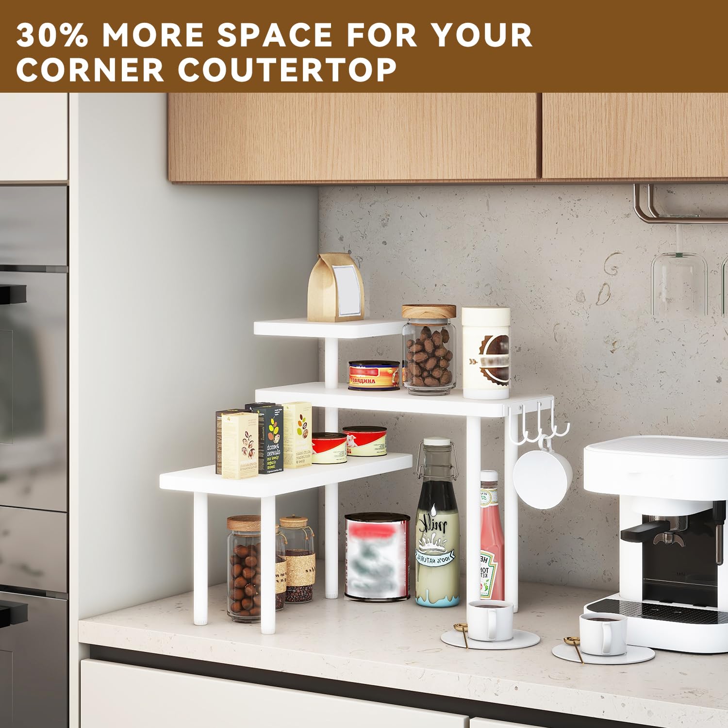 IBUYKE Scaffale Angolare per Cucina,Portaspezie a 3 ripiani,Bianco TLJ023W | Organizer Spezie 4 ganci laterali scaffale Cucina da appoggio per bagno bancone mobile