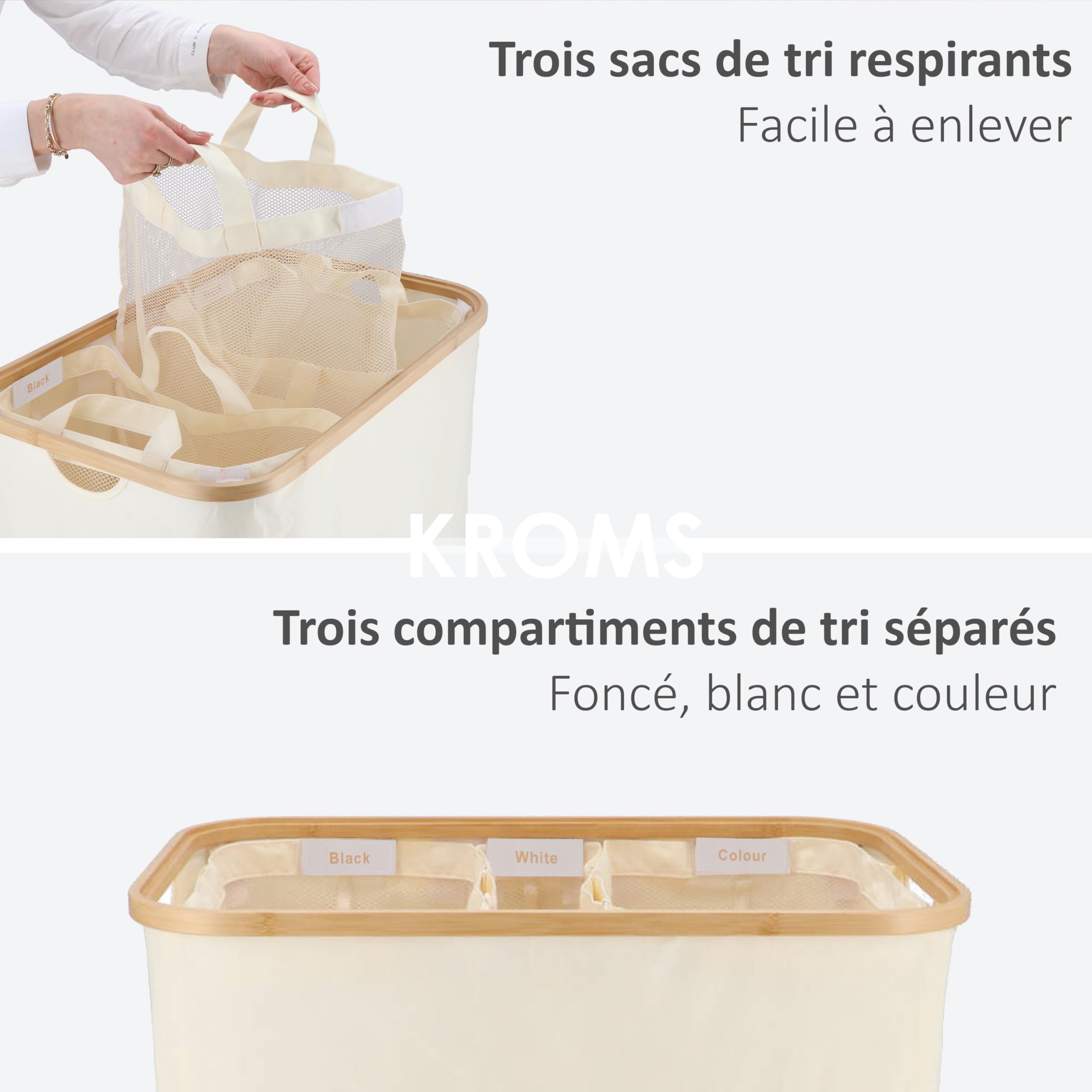 Panier à linge 3 compartiments pliable 145L - Beige – Bac à linge bambou – Panier a linge pliable – Panier rangement buanderie – Bac a linge 3 compartiment