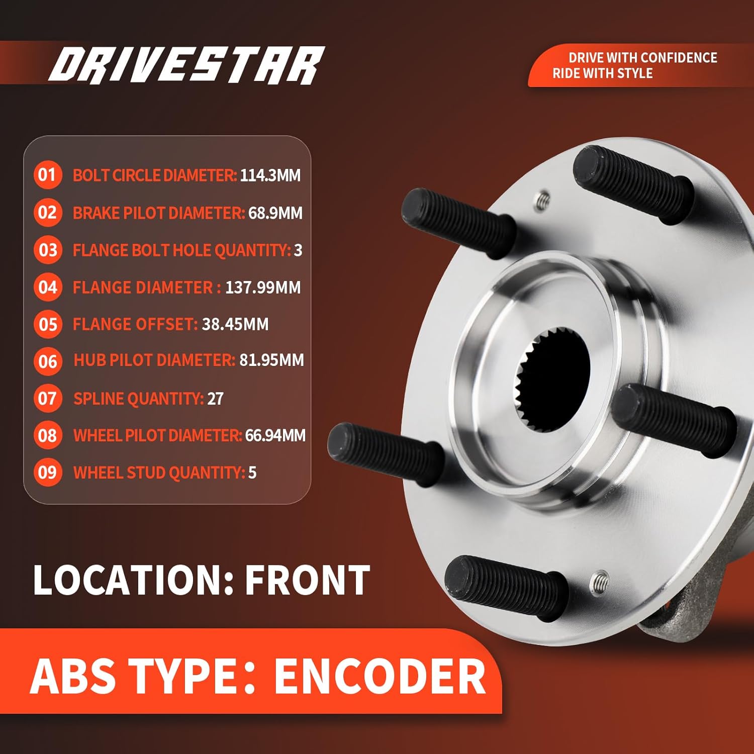 DRIVESTAR 513420 Front Wheel Hub & Bearing Assembly for Hyundai Elantra, Elantra GT, Ioniq, Veloster, Veloster N, for Kia Forte, NIRO; Rear 2018-2023 for Hyundai Kona, Rear 2021-2022 for Kia Seltos