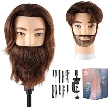 Man's Hairdressing Head 100% Real Hair with Beard Male Practice Head Real Hair Hairdresser Head Doll Head Mannequin Head with Table Clamp + Comb Set 19 Inches