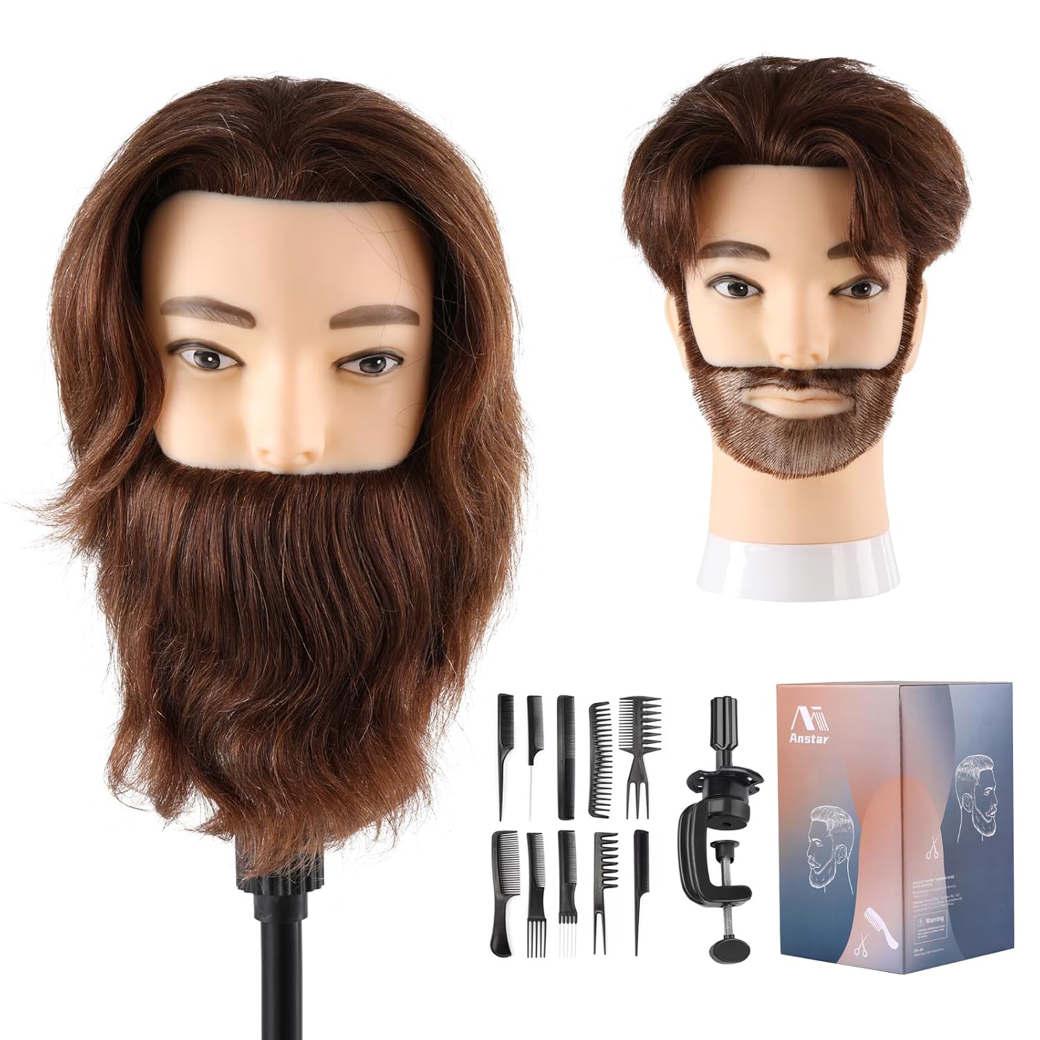 Male Mannequin Head with 100% Human Hair Barber Mannequin Head Hairdresser Training Doll Manikin Head for Men Hair Styling and Practice