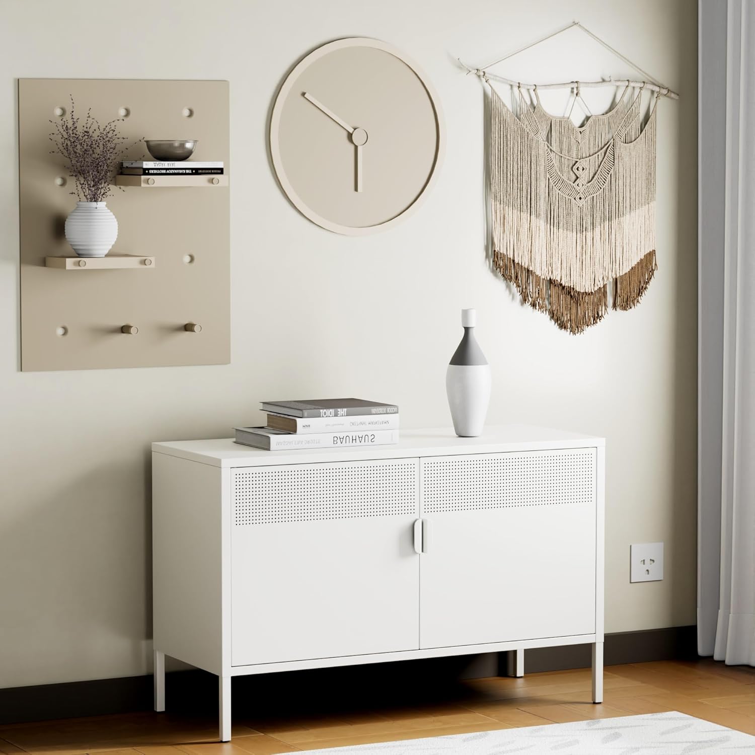Metal Storage Cabinet with Doors,White Accent Cabinet,Metal Locker Storage Cabinets,2 Door TV Media Stand with Removable Shelves for,Home,Office,Entryway,Living Room White 25.2"Height