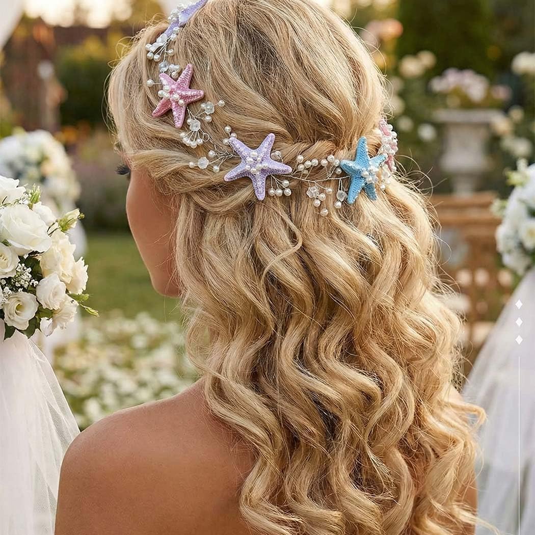 CASDRE Starfish Bride Wedding Hair Vine Pearl Bridal Headpiece Beach Wedding Hair Accessories for Women and Girls(D Colorful) : Beauty & Personal Care