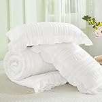 WONGS BEDDING White Queen Comforter Set,Boho Ruffle Comforter for Queen Bed,Soft Seersucker Shabby Chic Bedding Set with 1 Comforter,2 Tufted Pillowcases 90"×90"