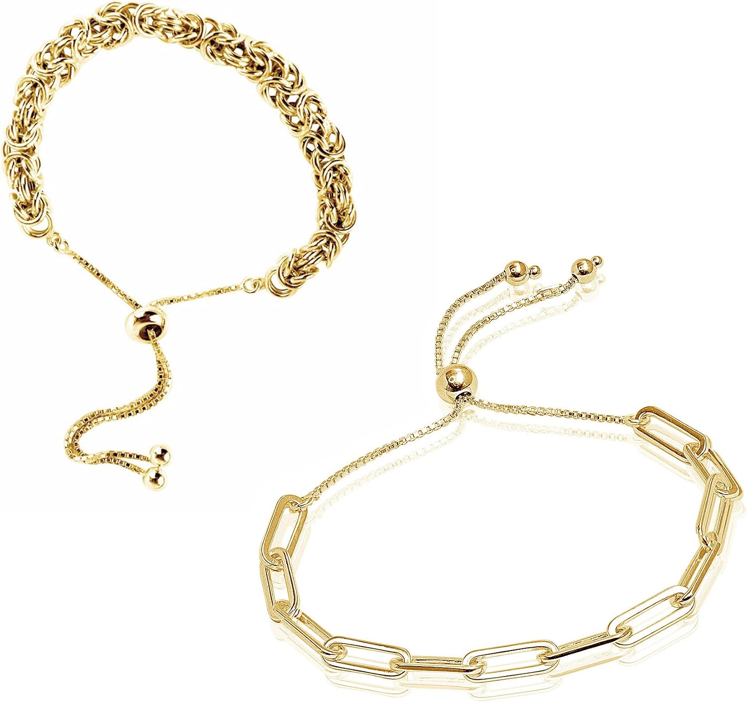 LeCalla 925 Sterling Silver 14K Gold-Plated Trendy Jewelry Gift Bundle | Set of 2 Pair Adjustable Sliding Bolo Bracelet for Women