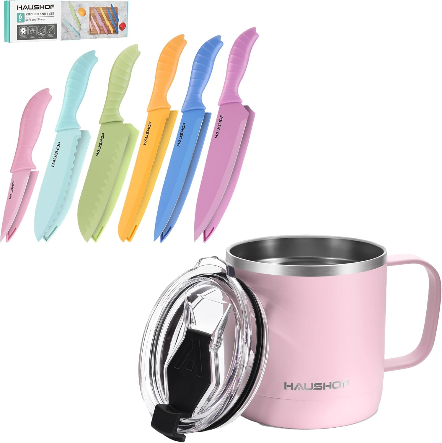 HAUSHOF Pink 14 oz Coffee Mug and 6PC Kitchen Knife Set
