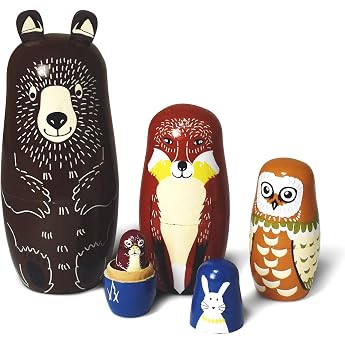 HYCLES Russian Matryoshka for Children Pack of 5 - Animals Dogs Matryoshka Wooden Toy from 3 Years Gift Bear