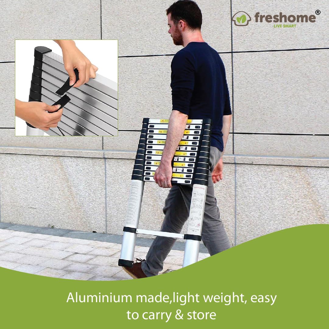FRESHOME 3.2m (10.5 feet) Portable & Compact Aluminum Telescopic Ladder | 2-Year Warranty | 11-Steps Foldable Multipurpose Step Ladder for Home & Outdoor use-RA027 2
