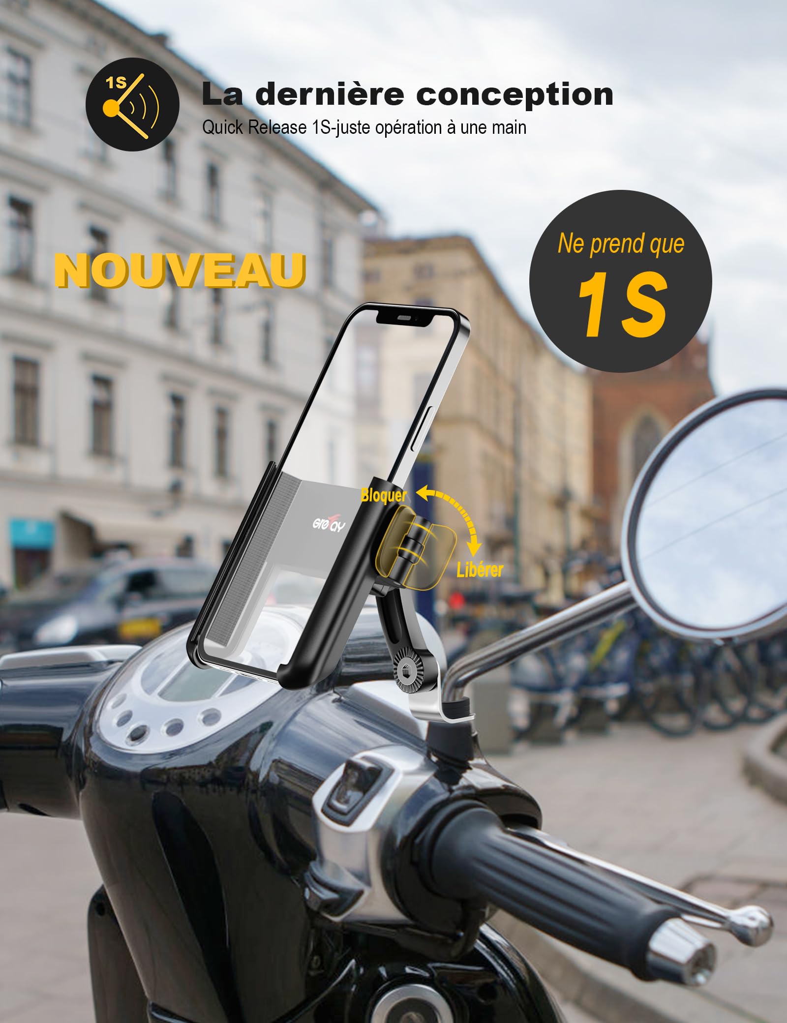Grefay Support Téléphone de Moto Support Téléphone Scooter Rotatif à 360° Libération Rapide Support Moto Telephone pour 3,5 à 7,0 Pouces Smartphones Appareils