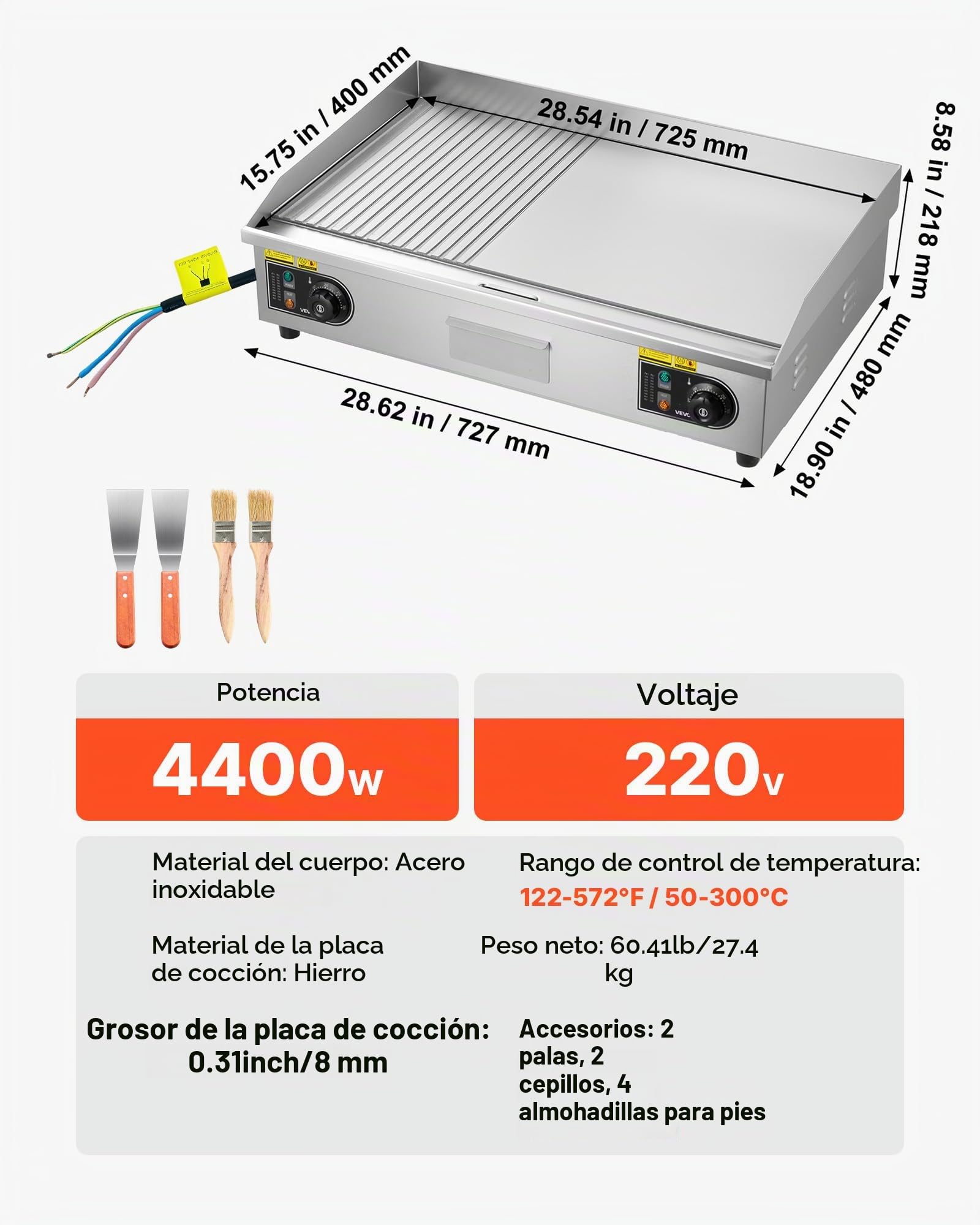 VEVOR Plancha Eléctrica 4400 W 725 x 400 mm, Control de Temperatura 50 a 300 °C, Parrilla de Encimera de Acero Inoxidable con Superficie Plana, 4 Almohadillas para los Pies, para Carne y Panqueques