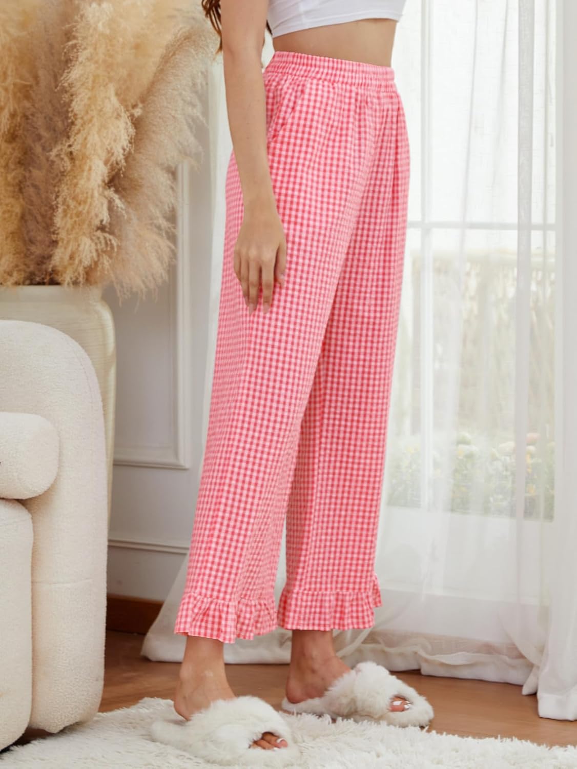 Womens Gingham Pants Y2K Cotton Wide Leg Ruffle Hem Lounge Pants Plaid Print Loose Trouser with Pockets - Image 2