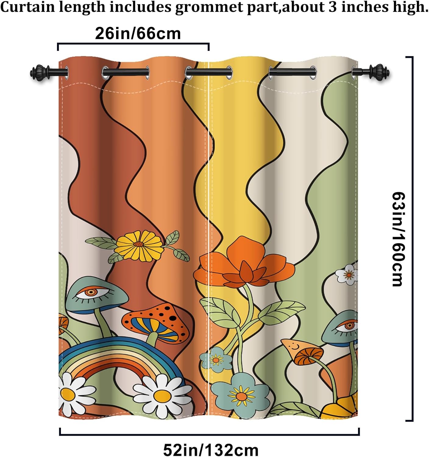 Renaiss Groovy Eye Mushrooms Window Curtains Boho Rainbow Daisy Flowers Decorative Blackout Drapes Peace and Love Grommet Window Treatments for Kitchen Bedroom Living Room 26x63 Inches x 2 Panels