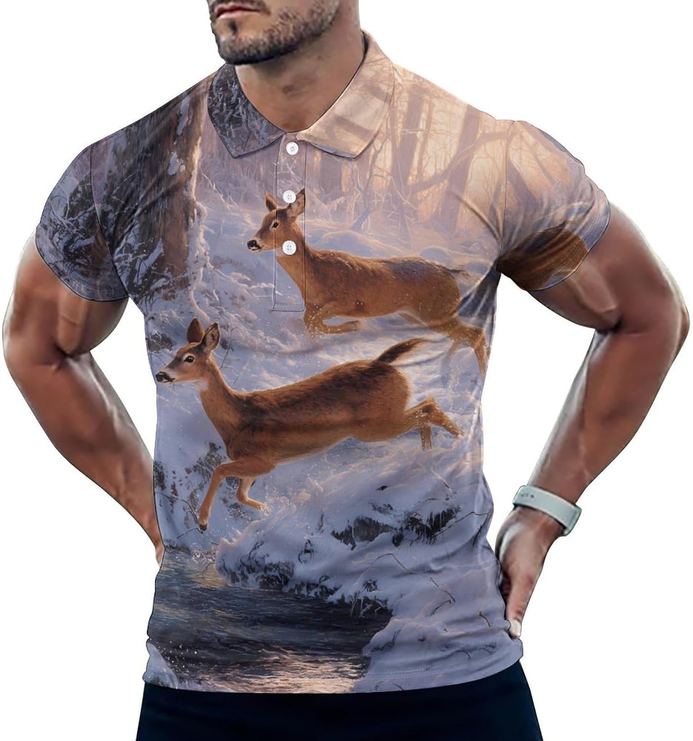 Deers Snowy Warm Winter Sun Golf Polo Shirts for Men Casual T Shirts 5X-Large