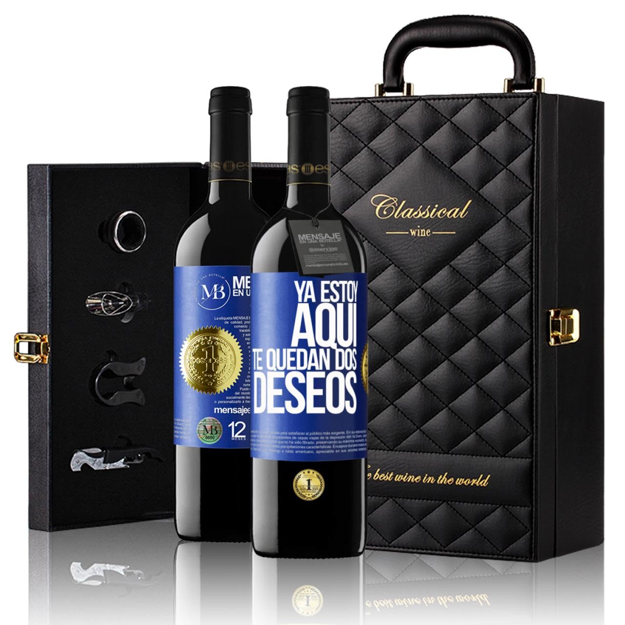 «Ya estoy aquí Te quedan dos deseos» Mensaje en una Botella. Estuche-Maletín de LUJO 2x Vino Tinto Premium Reserva 12 Meses y Set de 4 Accesorios. Etiqueta Azul PERSONALIZABLE