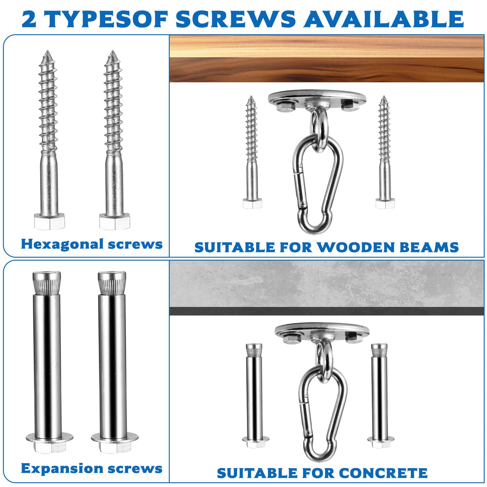 wugongshan Gancio da soffitto per carichi pesanti, in acciaio inox, per travi in legno, soffitto in cemento, fino a 500 kg, per altalena, yoga, poltrona sospesa