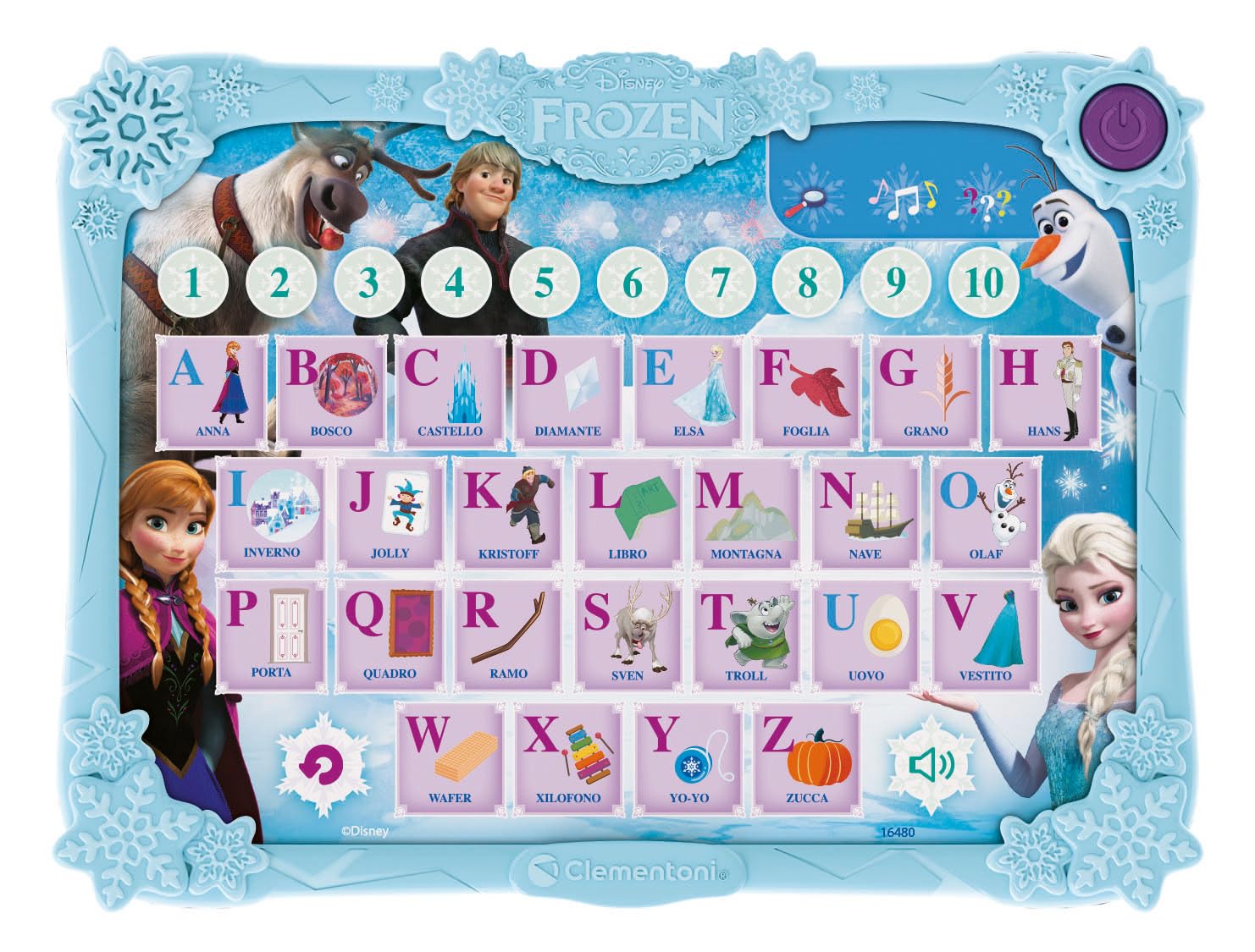 Clementoni - Computer Kid, Disney Frozen Alphabet Pad, Alfabetiere Interattivo, Gioco Educativo 4+ Anni, con attività Elettroniche per Scoprire Lettere, Parole e Numeri, Lingua Italiana, 16480