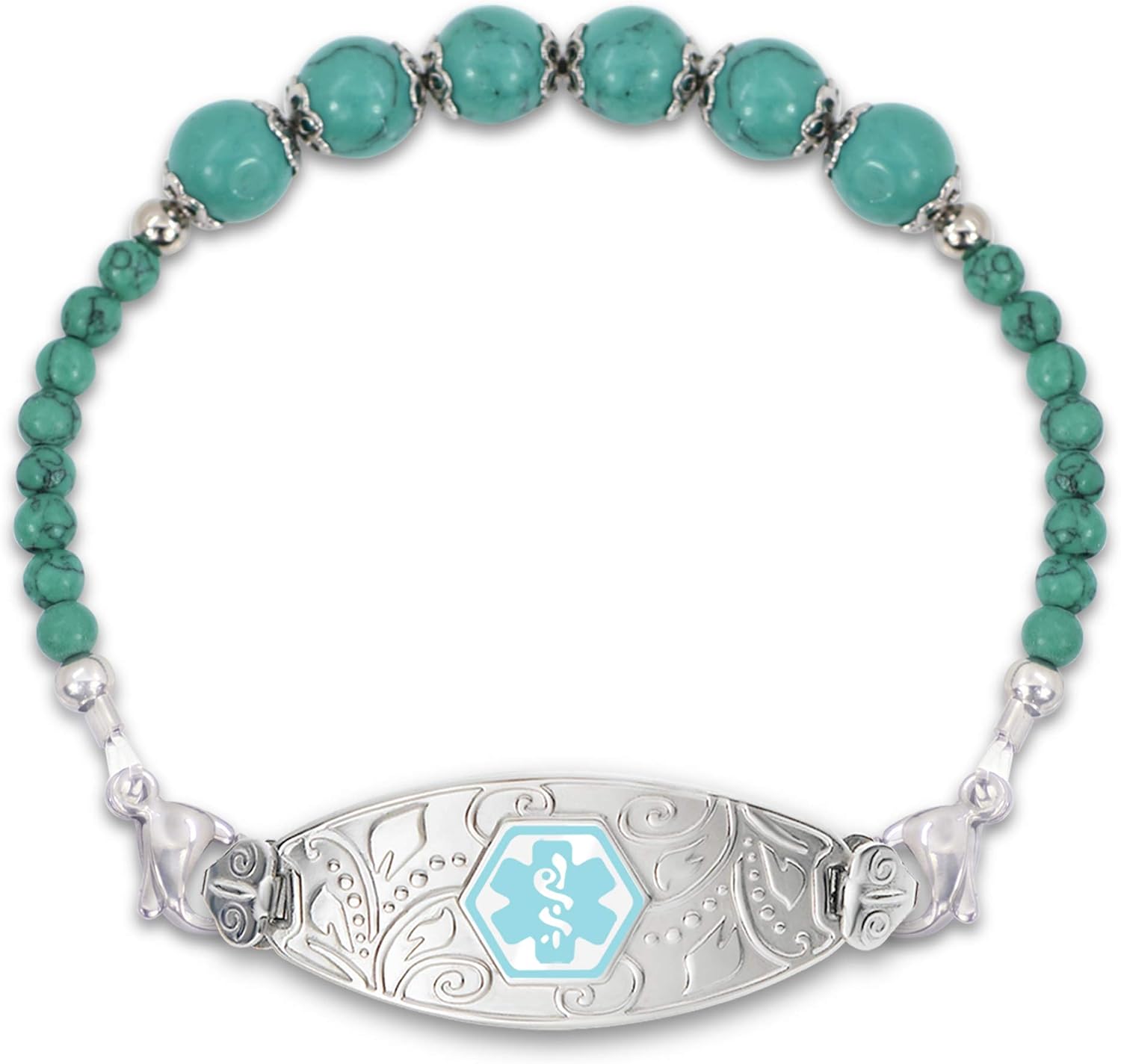 Divoti Custom Engraved Slip-on Medical Alert Bracelets for Women, Beaded Medical Bracelet, Stretch Medical Alert Bracelet Stainless/Free Engraving–Lovely Filigree & Various Bead– Color/Size