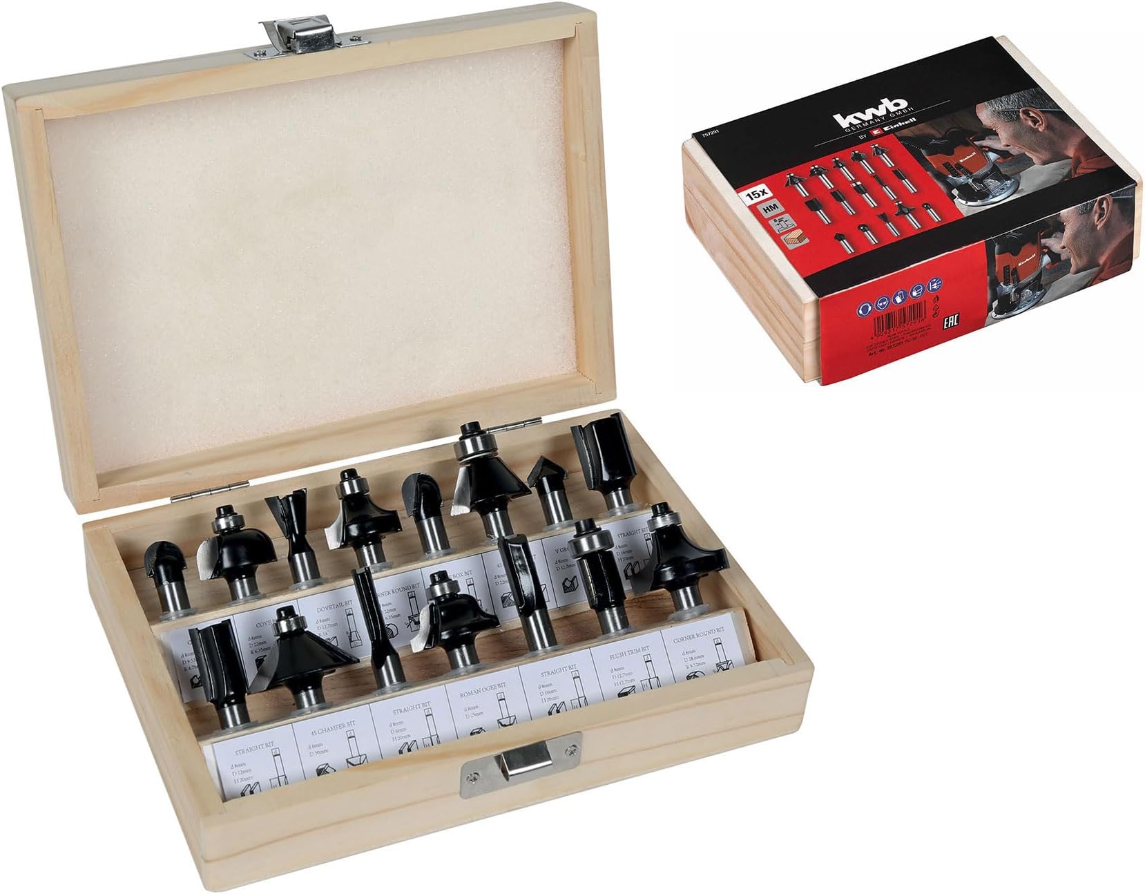 Original Einhell 15-Piece Milling Cutter Set (Suitable for Electric Routers, 15 Pieces, 8 mm Shank Diameter, in Wooden Case)