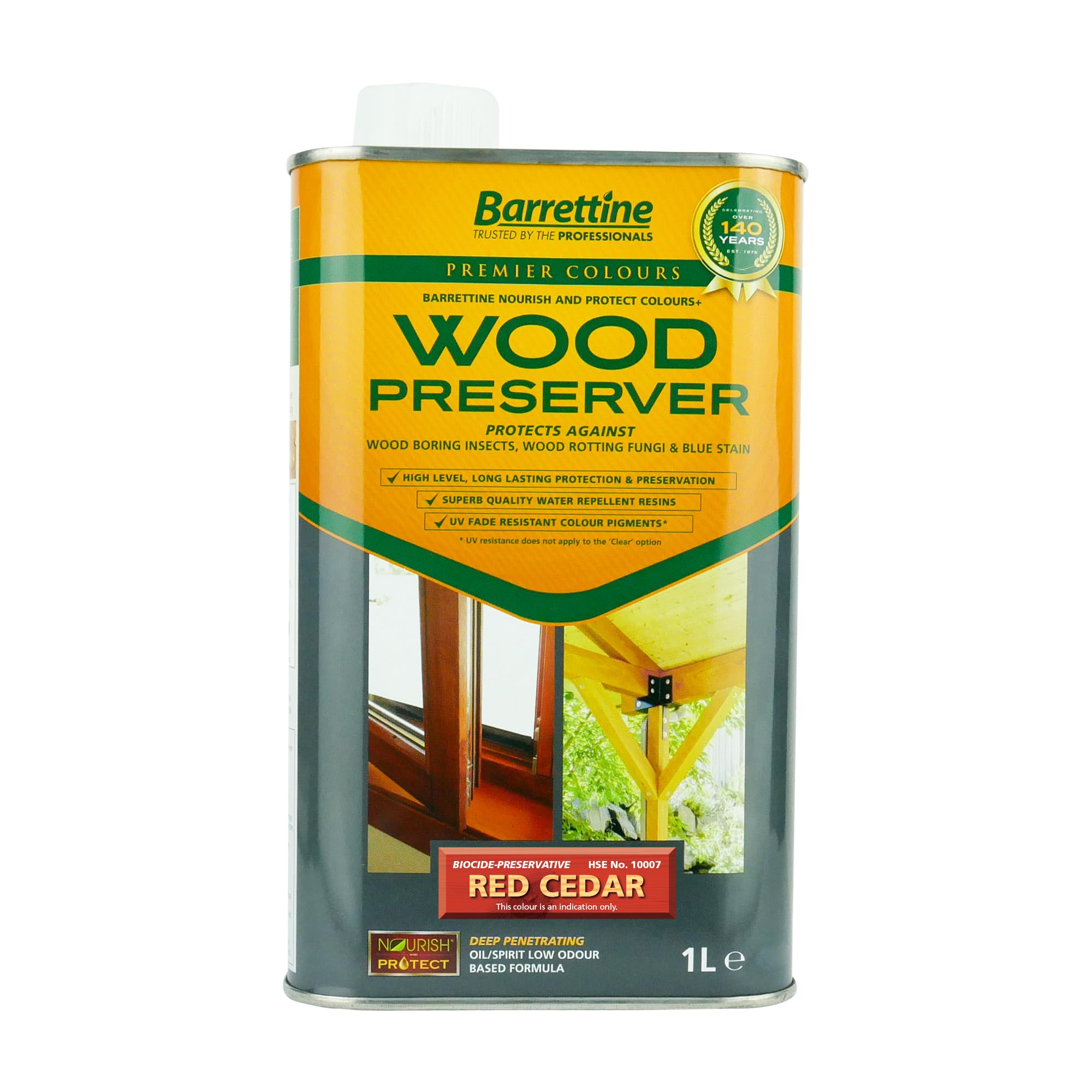 Barrettine Wood Preserver (Cedar Red, 1L) - UV Fade Resistant, Durable & Water Repellent Premier Wood Preserver, Deep Penetrating, Low Odour & Oil Based, Suitable for Outdoor & Indoor Use