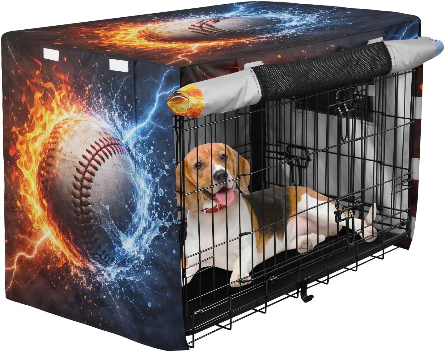 Cool Lightning Baseball Dog Crate Cover 600D Oxford Pet Kennel Cover with Mesh Window for Dog Cages, Windproof Waterproof Machine Washable, 48"x30"x33"