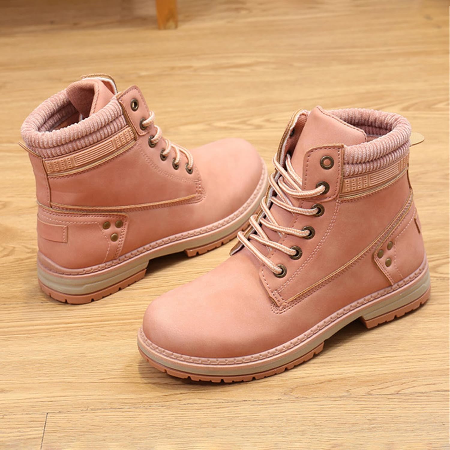 Hiking Combat Boots For Women'S Classic Round Toe Comfortable Non-Slip Waterproof Work Boots Winter Fur Lined Lace Up Low Heel Warm Backpacking Walking Trekking Ankle Boots