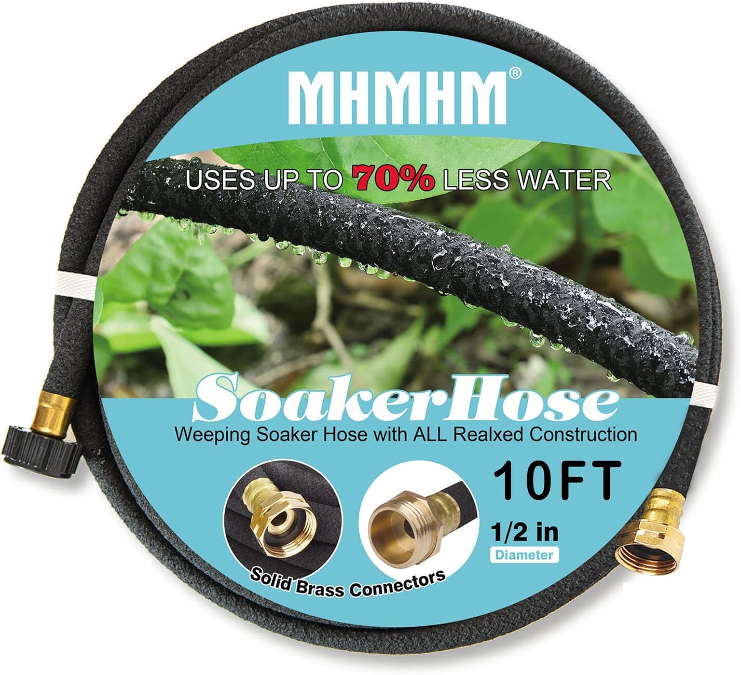 1/2" Soaker Hose for Garden Drip Hose Irrigation System with Solid Brass Fitting for Lawns Flower Beds & Vegetable Gardens (150FT)